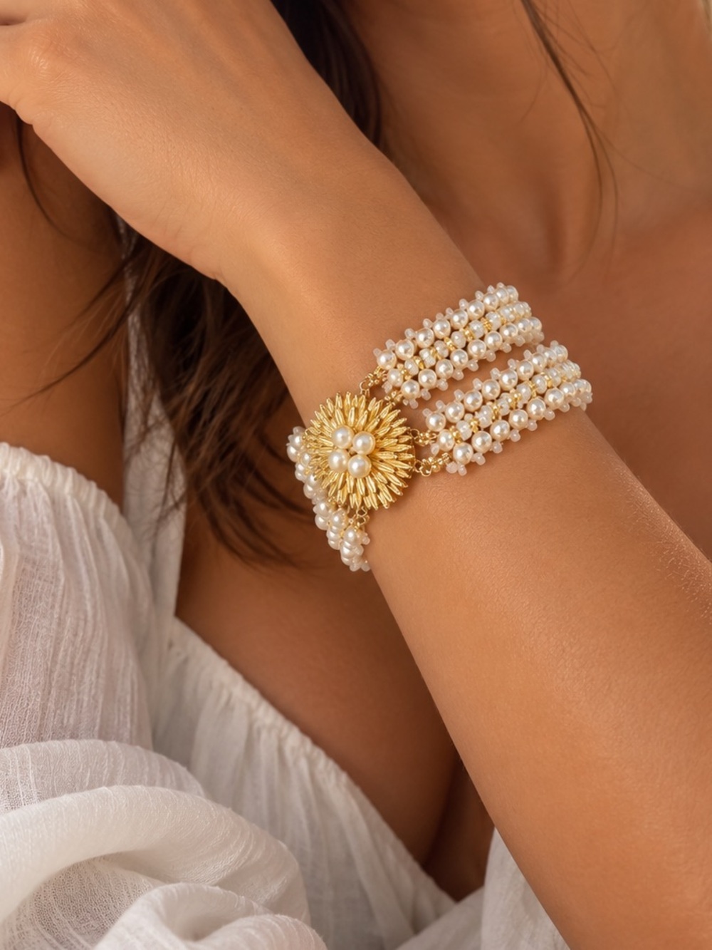 Gold & Pearl Multi-Strand Statemen bracelet - handmade beaded